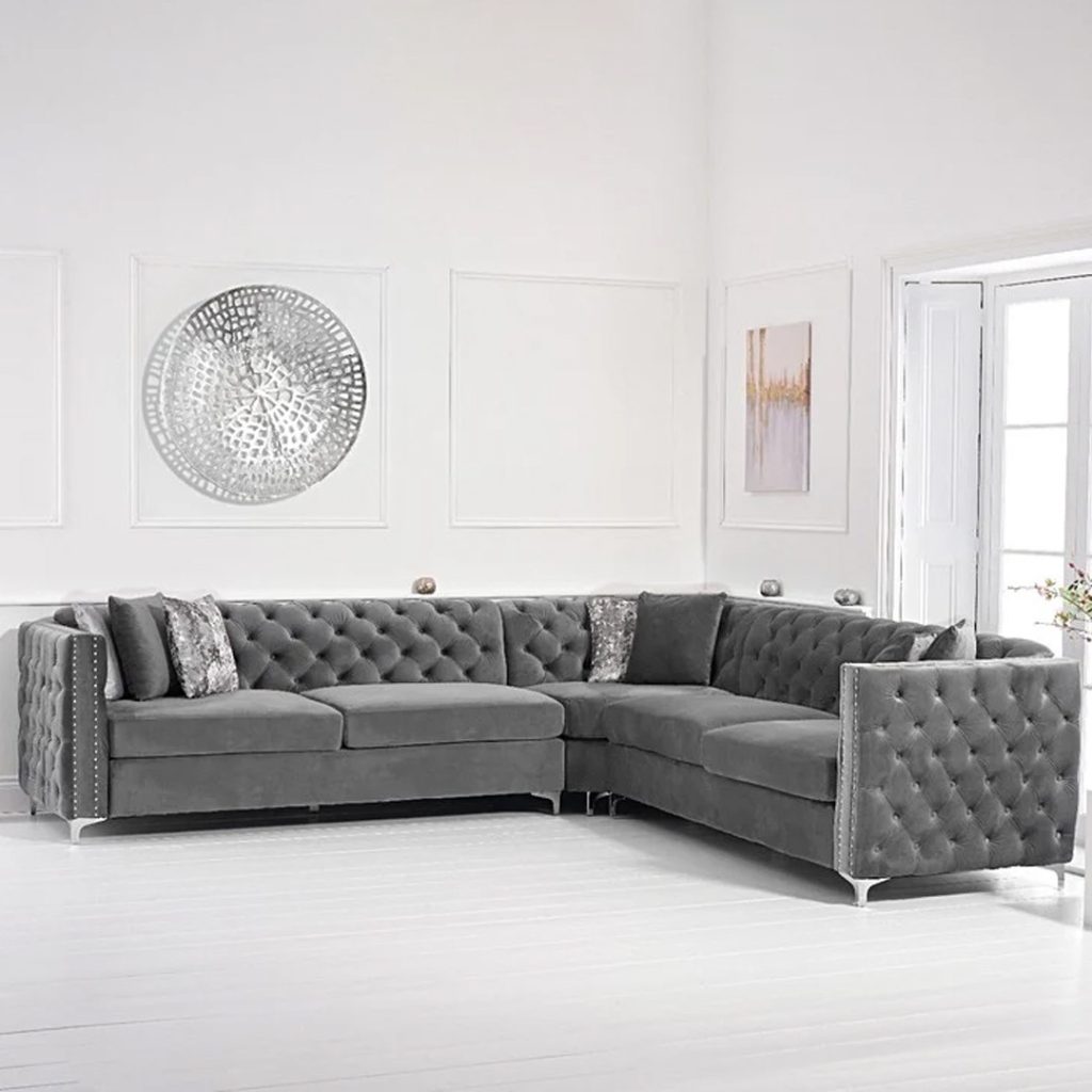 Mistral Grey Velvet Corner Sofa, SofaShop.com